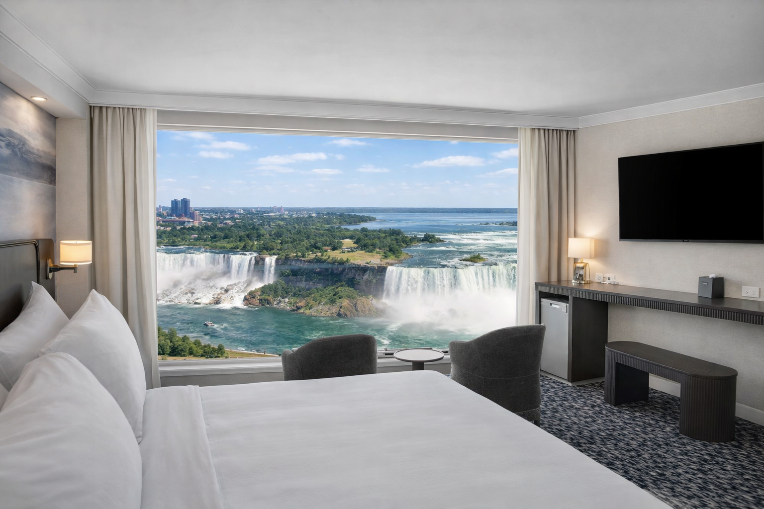 A view from a guest suite of fireworks over the Niagara Falls in the evening illuminated in blue.